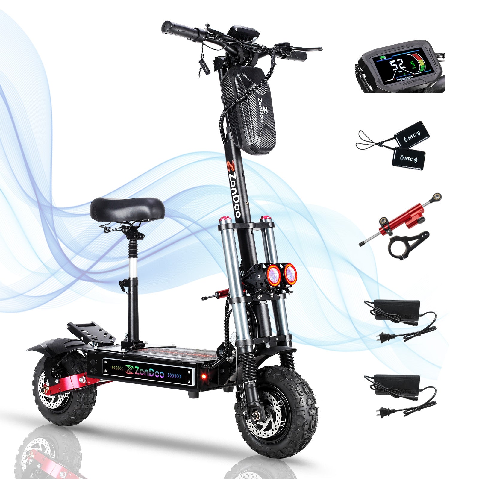 ZonDoo ZO03 Plus with Big Screen & Damper 56MPH Fast 6000W Dual Motors 60 Miles Scooter with seat