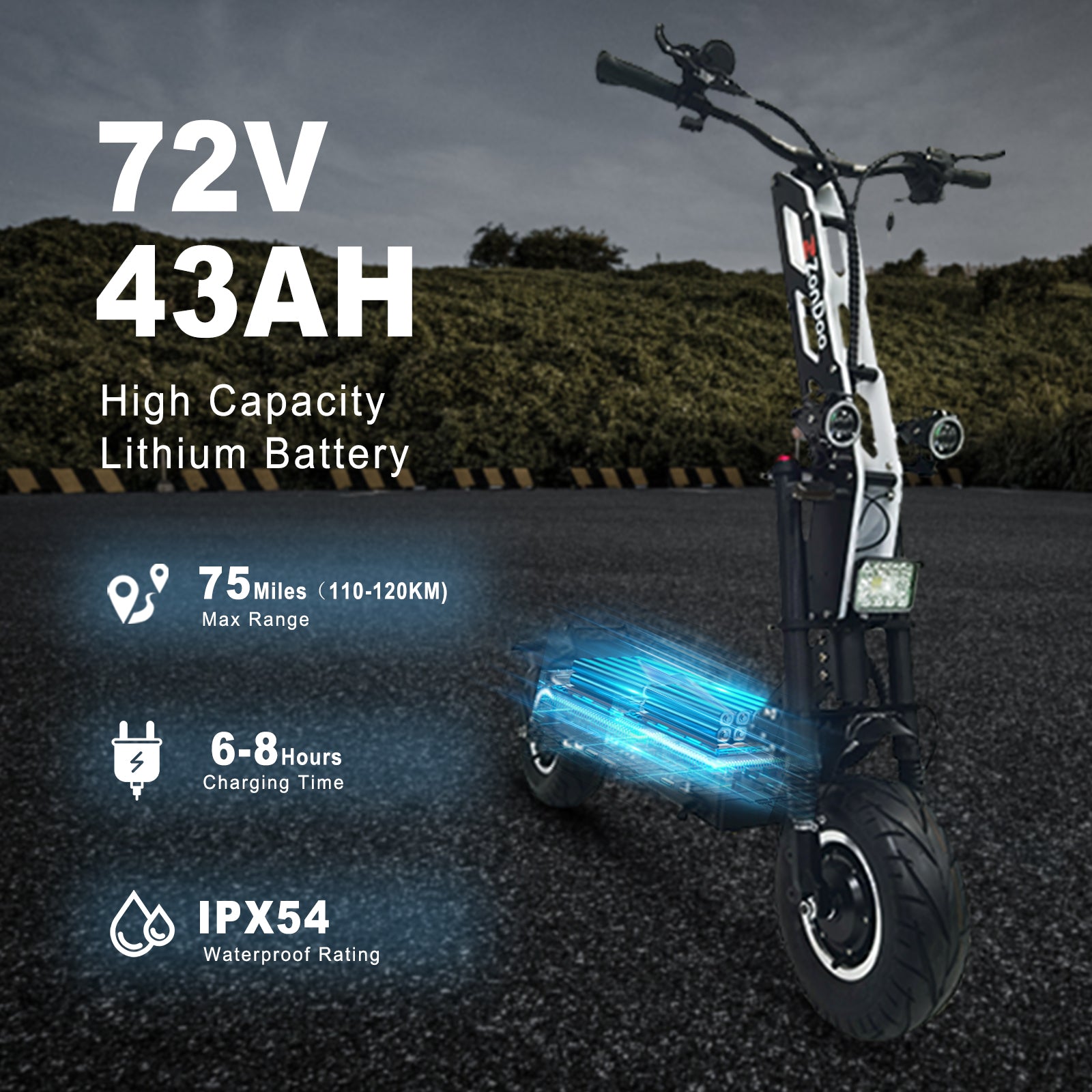 ZonDoo Roadhitter 13 pouces 72 V 8000 W Scooter électrique 110 KM/H 135 KM Gamme
