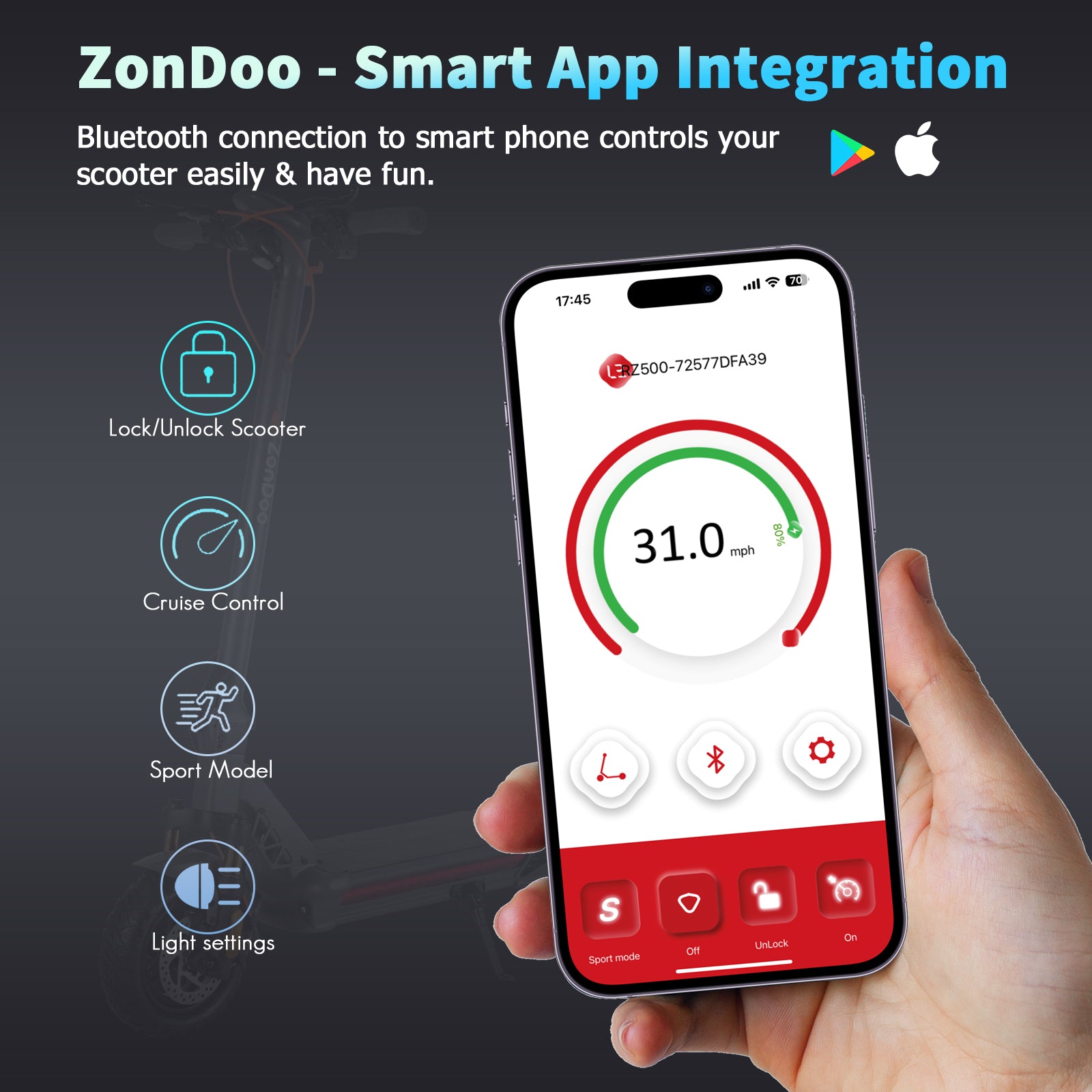 ZonDoo ZU10 800W 32MPH Commuter Scooter Adult with Fingerprint Unlock and Smart App