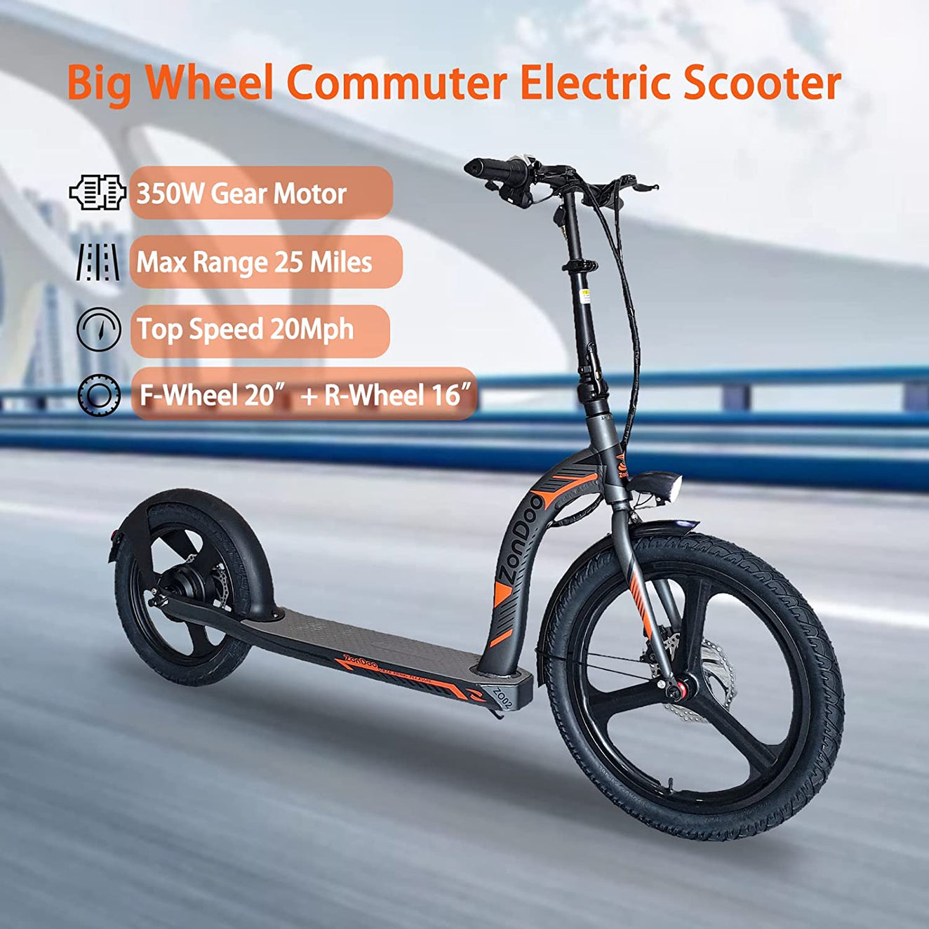 ZonDoo ZO02 Big Wheel Fat Tire Bike Style Electric Scooter For Commuting